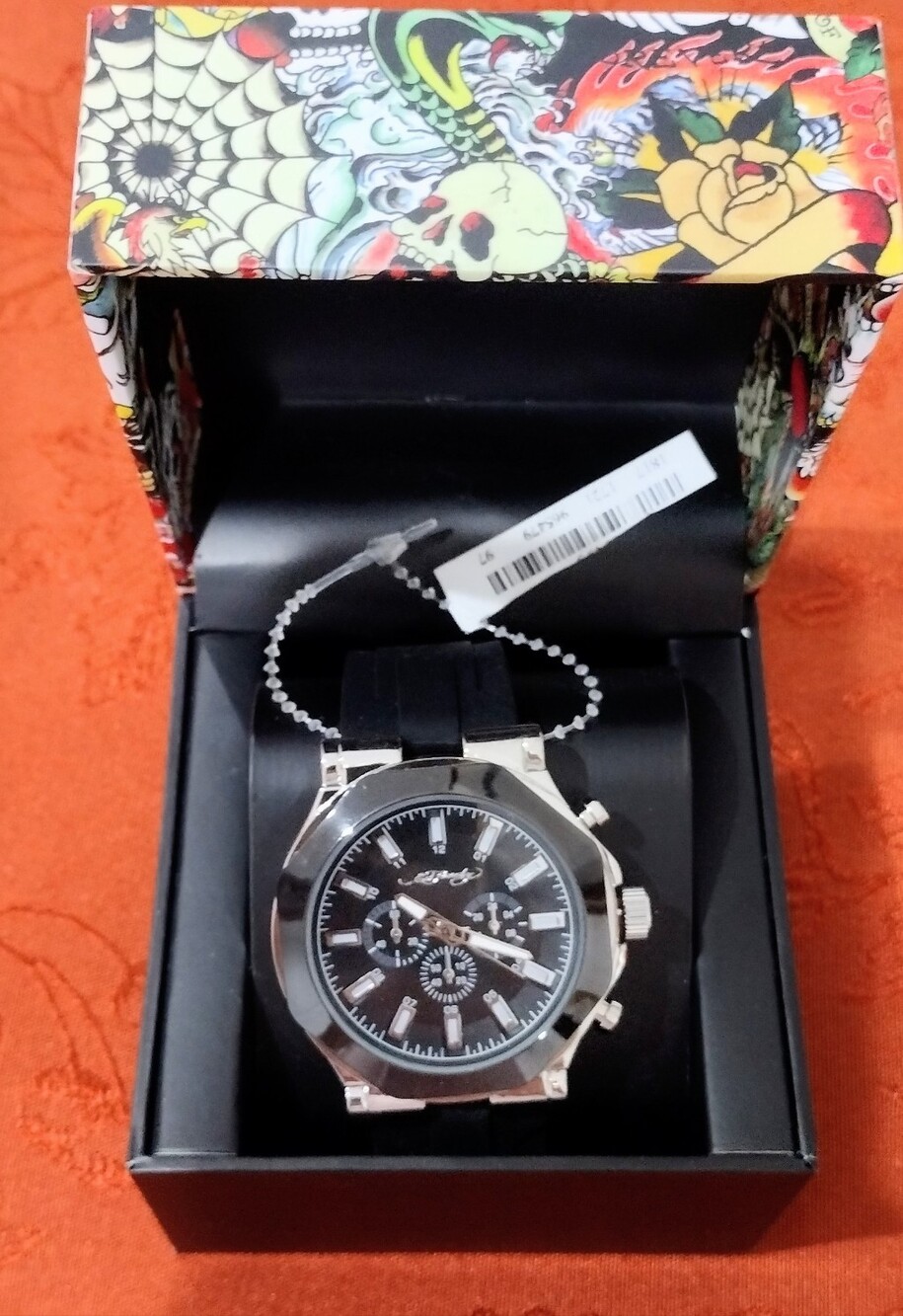 Ed Hardy Men's Chronograph Watch – Matte Black Dial, Silicone Strap (NWT)